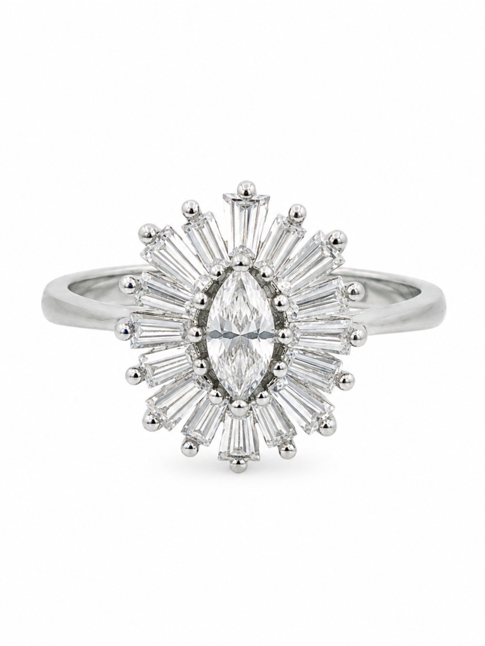 Marquise Sunburst Statement Ring in White Tone. New B925 Size: 7